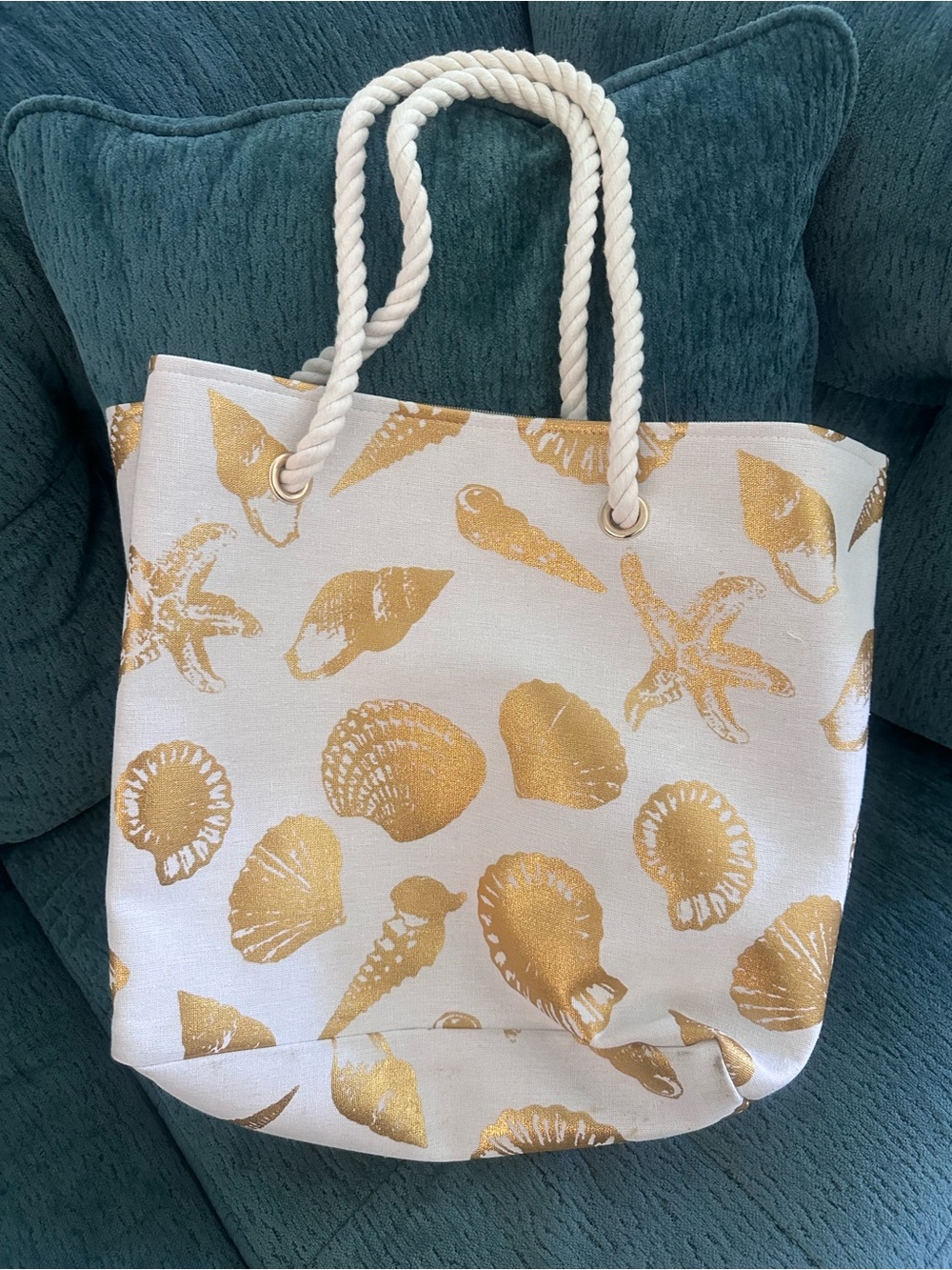 Gold Seashell Canvas Tote Bag with Rope Handles